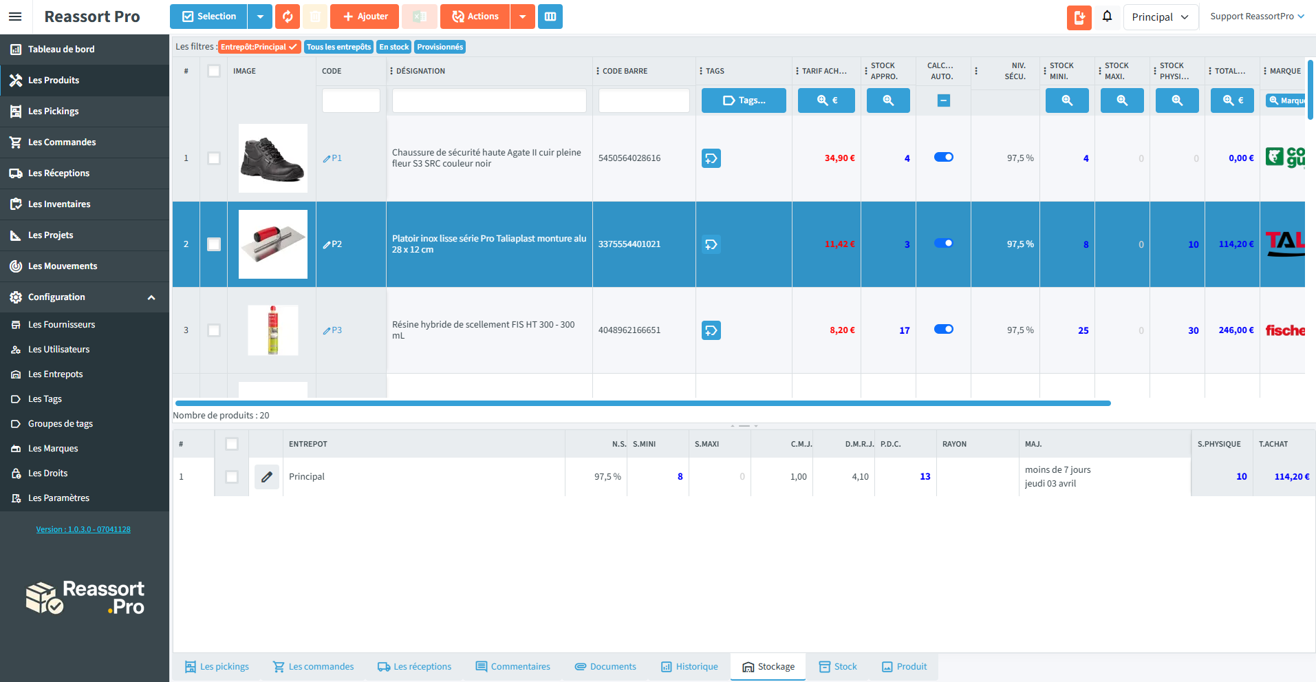 Gestion de produits dans Reassort Pro