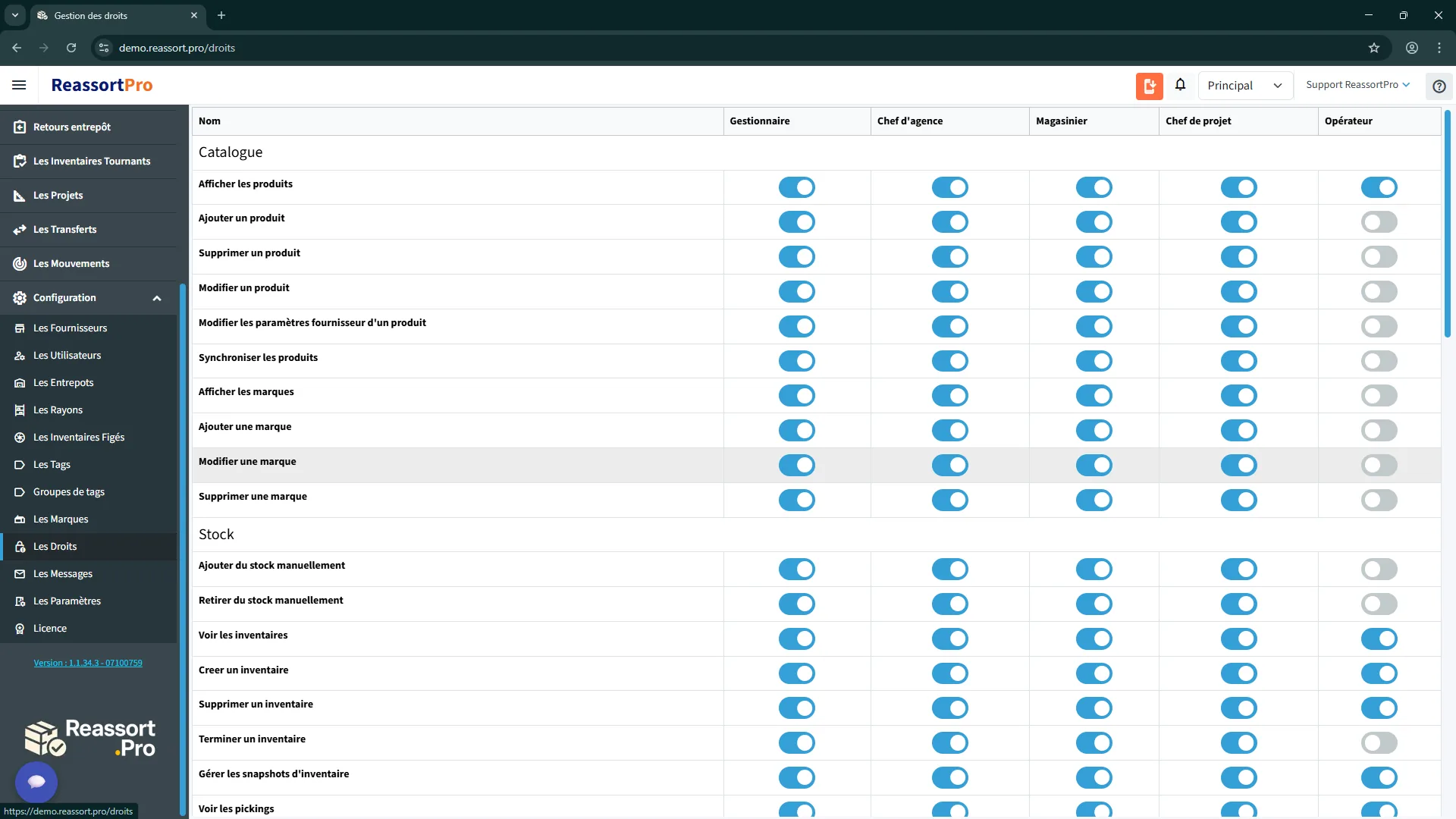 Interface de gestion des droits utilisateurs