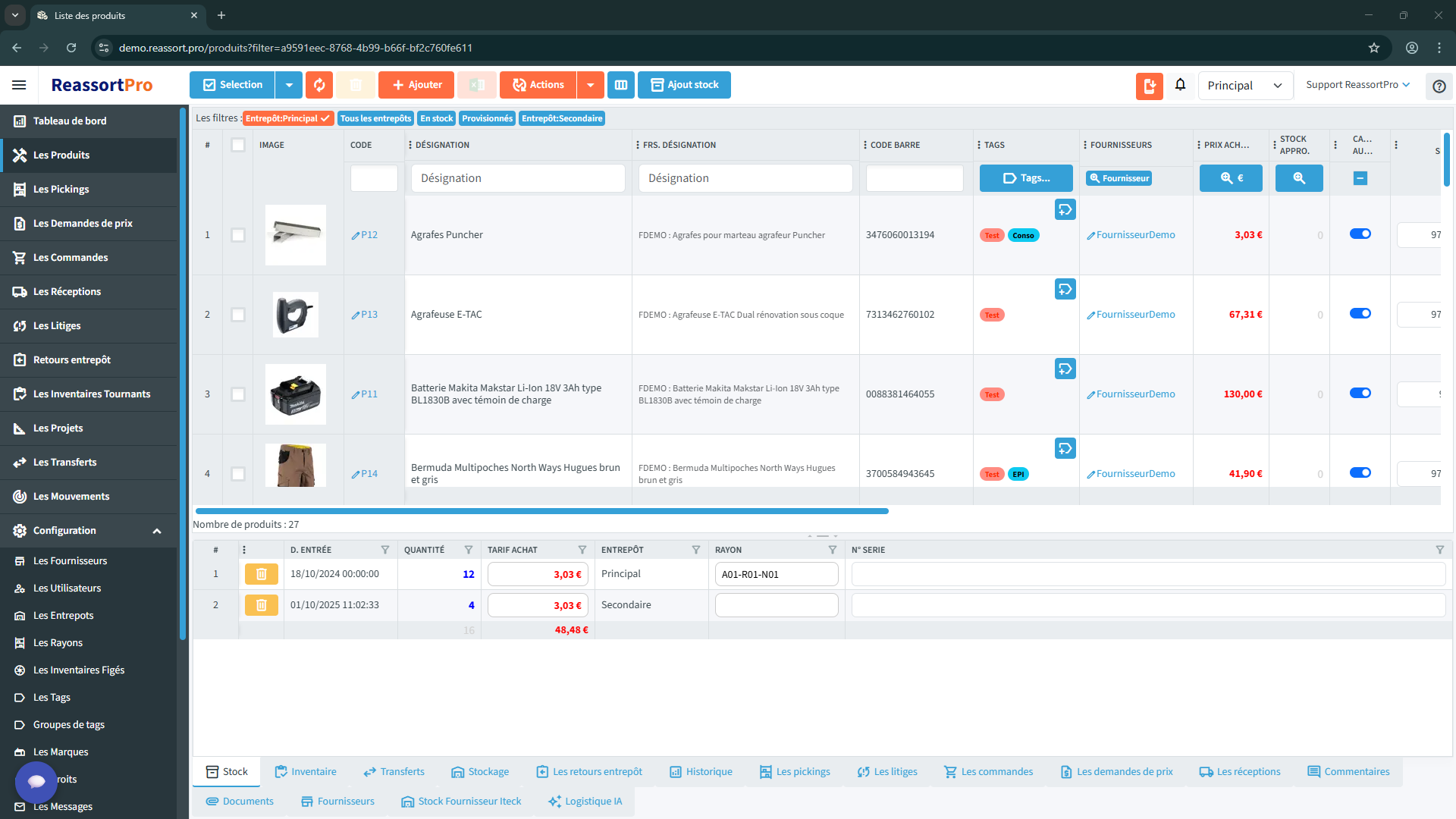 Vue de la liste des produits avec filtres et tri