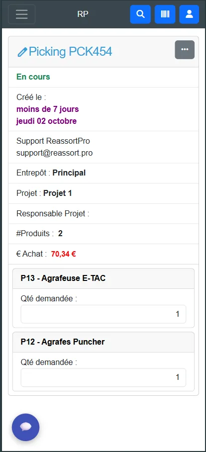Interface mobile de picking avec scanner